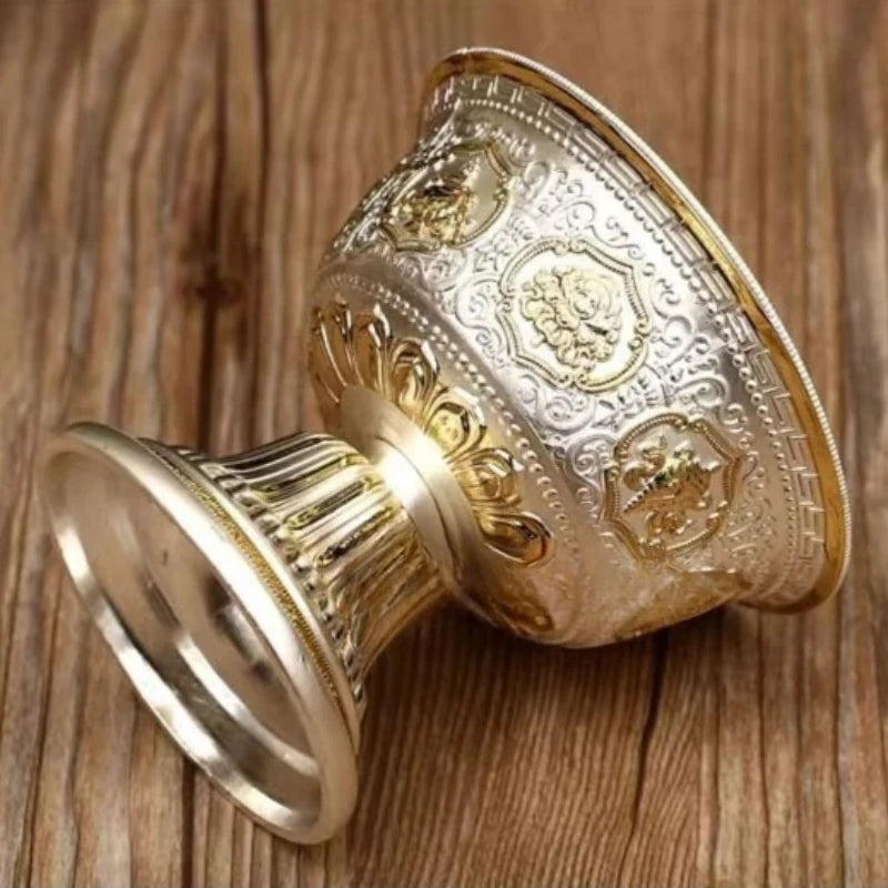 Tibetan Alloy Tall Water Offering Cup Eight Auspicious Embossed Religious Worship Bowl Shrine Desktop Ritual Craft Ornament