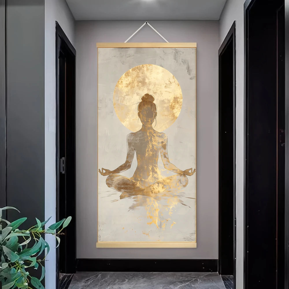 2D Flat 1pcs Canvas Scroll Poster Buddha Wall Art Buddha Face & Hands with Halo & Robe Glowing Lotus Design Religion Spiritual