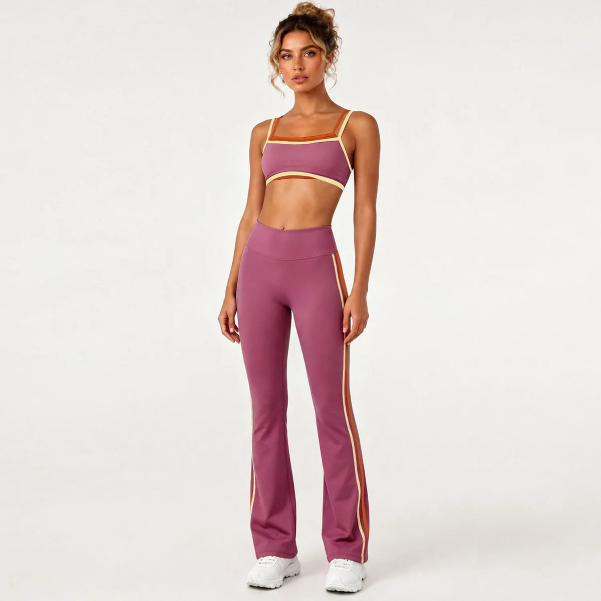 Color Block Contrast Trim Women Fitness Outfit Set Camisole Sports Bra High Elastic Flared Yoga Pants 2Pcs Sport SetSports Wear