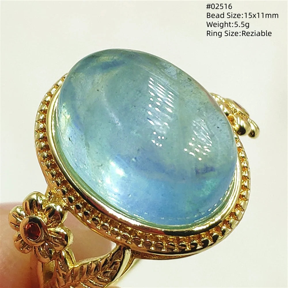 Natural Blue Aquamarine Beads Ring Adjustable Brazil Ring Oval 925 Sterling Silver Aquamarine Jewelry Women AAAAA