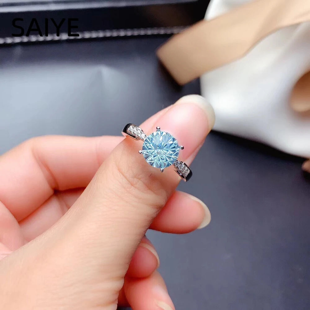 925 Sterling Silver Round Aquamarine Blue CZ Ring for Women Four Prong Solitaire Ring Side Stone Wedding Engagement Jewelry Gift