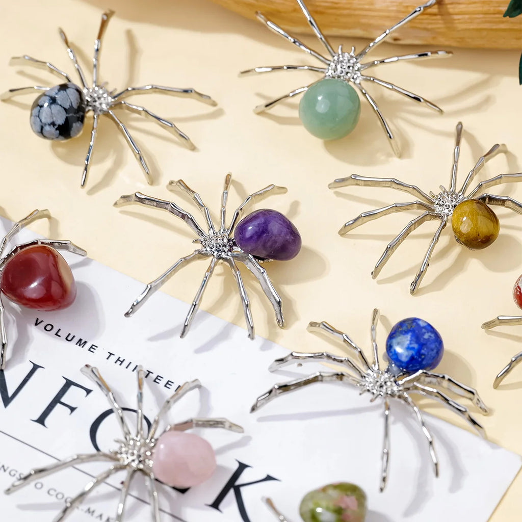1 Pc Natural Crystal Tumbled Stone Spider Figurine – Halloween Prop, Home Desktop Decor, Handcrafted Ornament, Halloween Gift