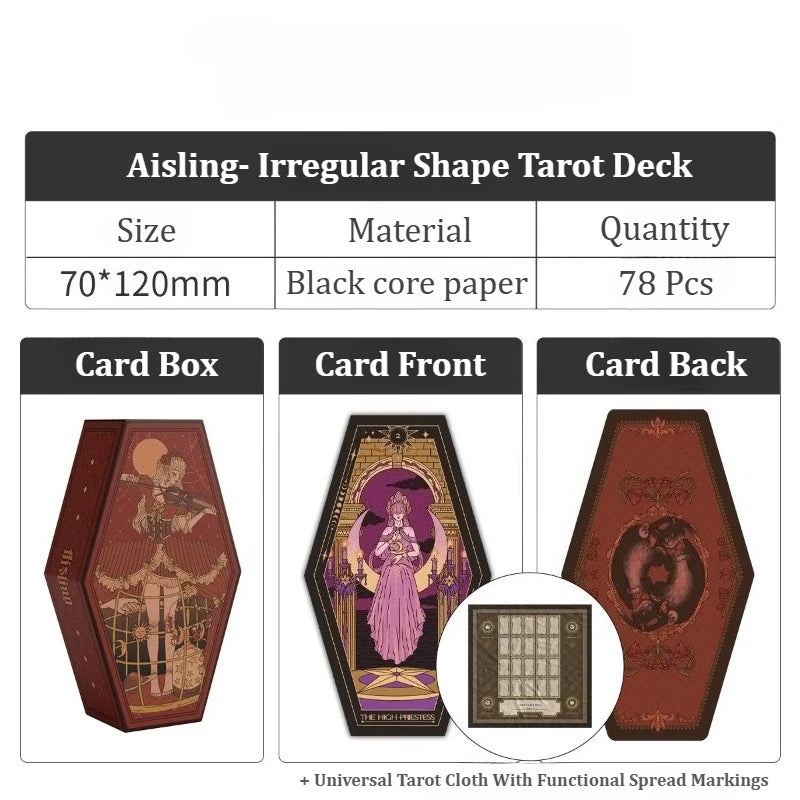 Aisling Irregular Coffin‑Shape Tarot Deck 78Pcs Dual Marseille Rider‑Waite Black‑core Cardstock Divination Game for Beginners