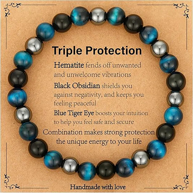 Bracelet for Men Him Dad Son Triple Protection Hematite Black Obsidian Tiger Eye Beaded Bracelets Birthday Healing Jewelry Gifts