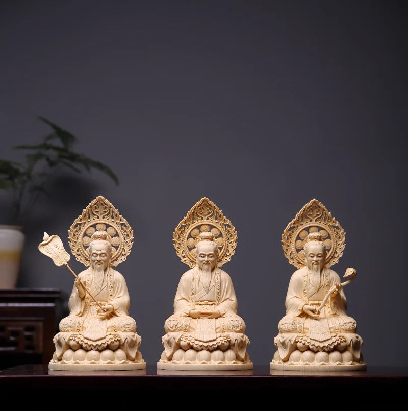 Hinoki Wood Hand Carved Sanqing Taoist Deity Statue Set Figurine Spiritual Altar Ornament Gift for Home Temple Decor