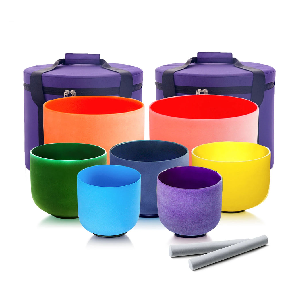 440/432HZ Color Chakra Frosted Quartz Crystal Singing Bowls 6-12" set of 7pcs for yoga and Meditation Sound Healing with Bag