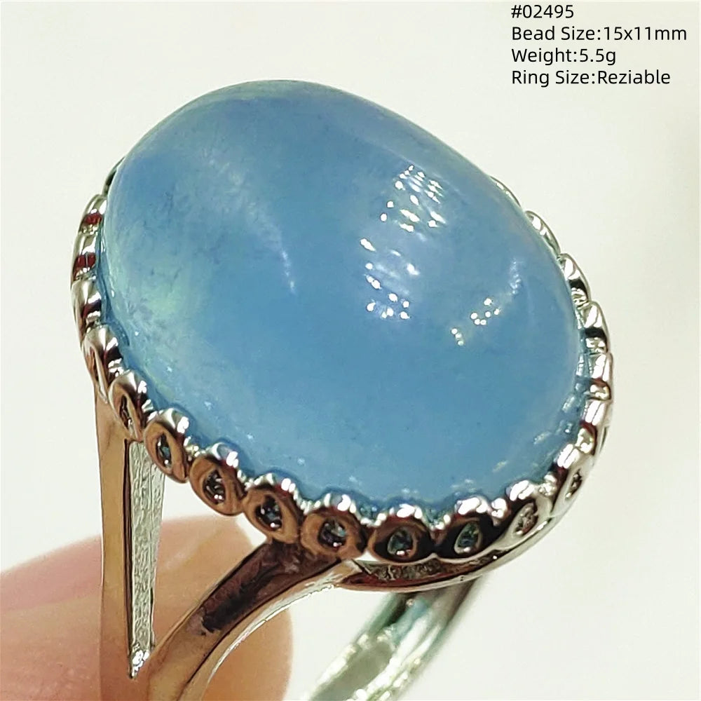 Natural Blue Aquamarine Beads Ring Adjustable Brazil Ring Oval 925 Sterling Silver Aquamarine Jewelry Women AAAAA