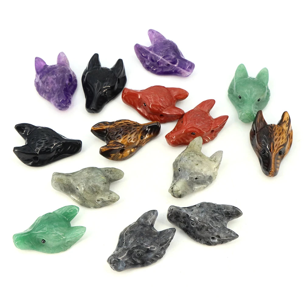 40mm Wolf Head Stone Pendant Natural Healing Crystals Statue Hand Carving Gemstone Wolves Animal Figure Jewelry Making Necklace