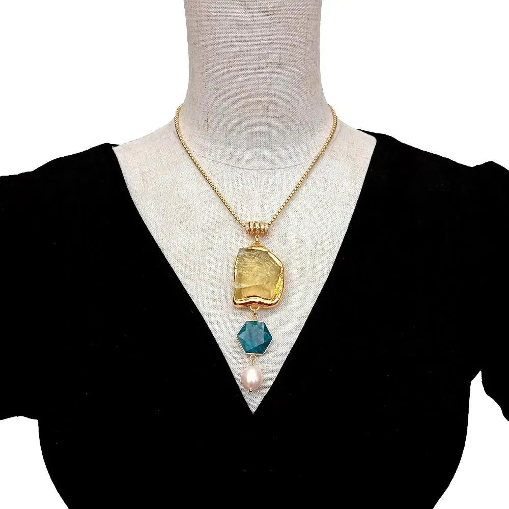 Y·YING Natural Yellow Lemon Quartz Blue Apatite Cultured White Rice Pearl Gold Plated Chain Necklace Jewelry