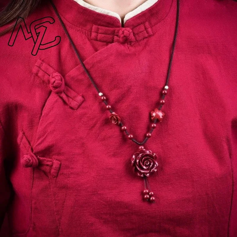 Fashion Cinnabar Jade Rose Flower Pendant Necklace Jewellery Chinese Healing Women Man Luck Gift Sweater Chain Amulet