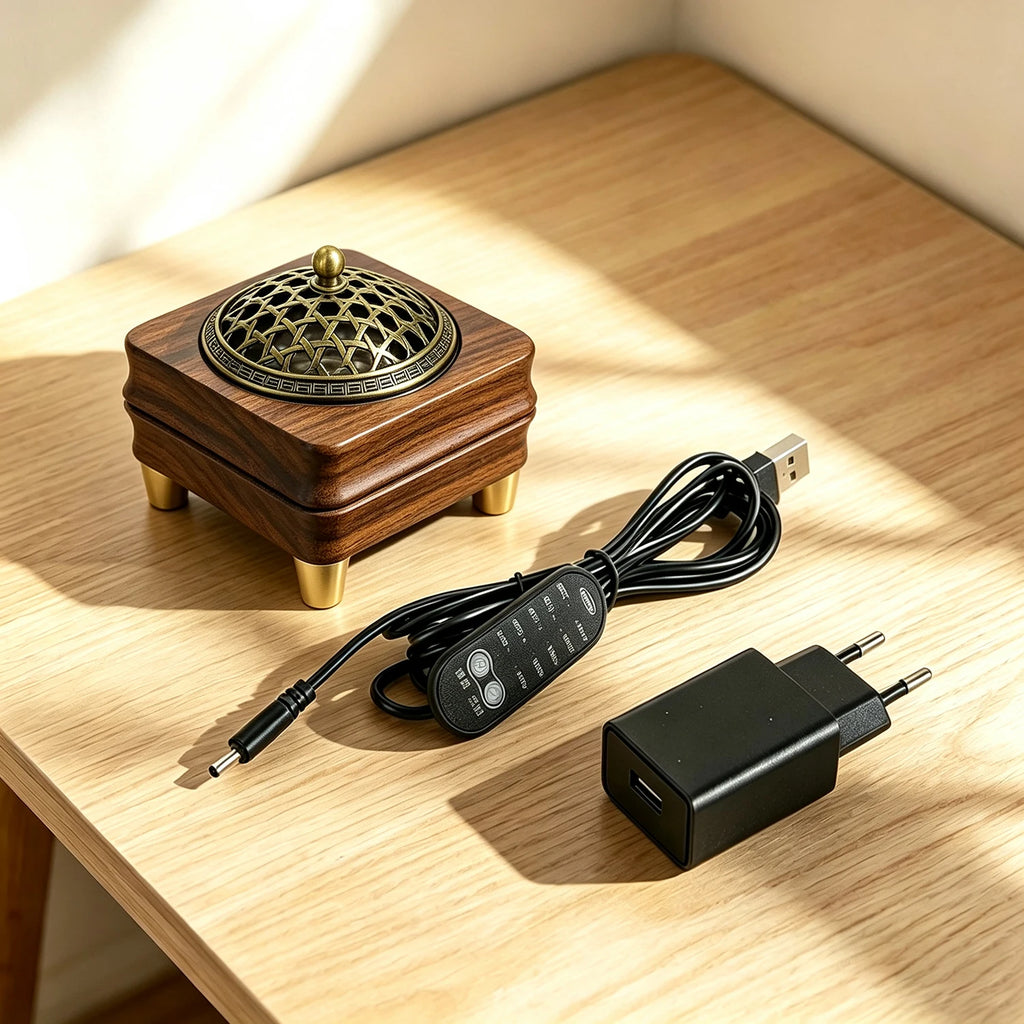 Wooden Electronic Incense Burner USB-powered Essential Oil Burner Adjustable Temp and Timer Bakhoor Burner for Wax Melt Agarwood
