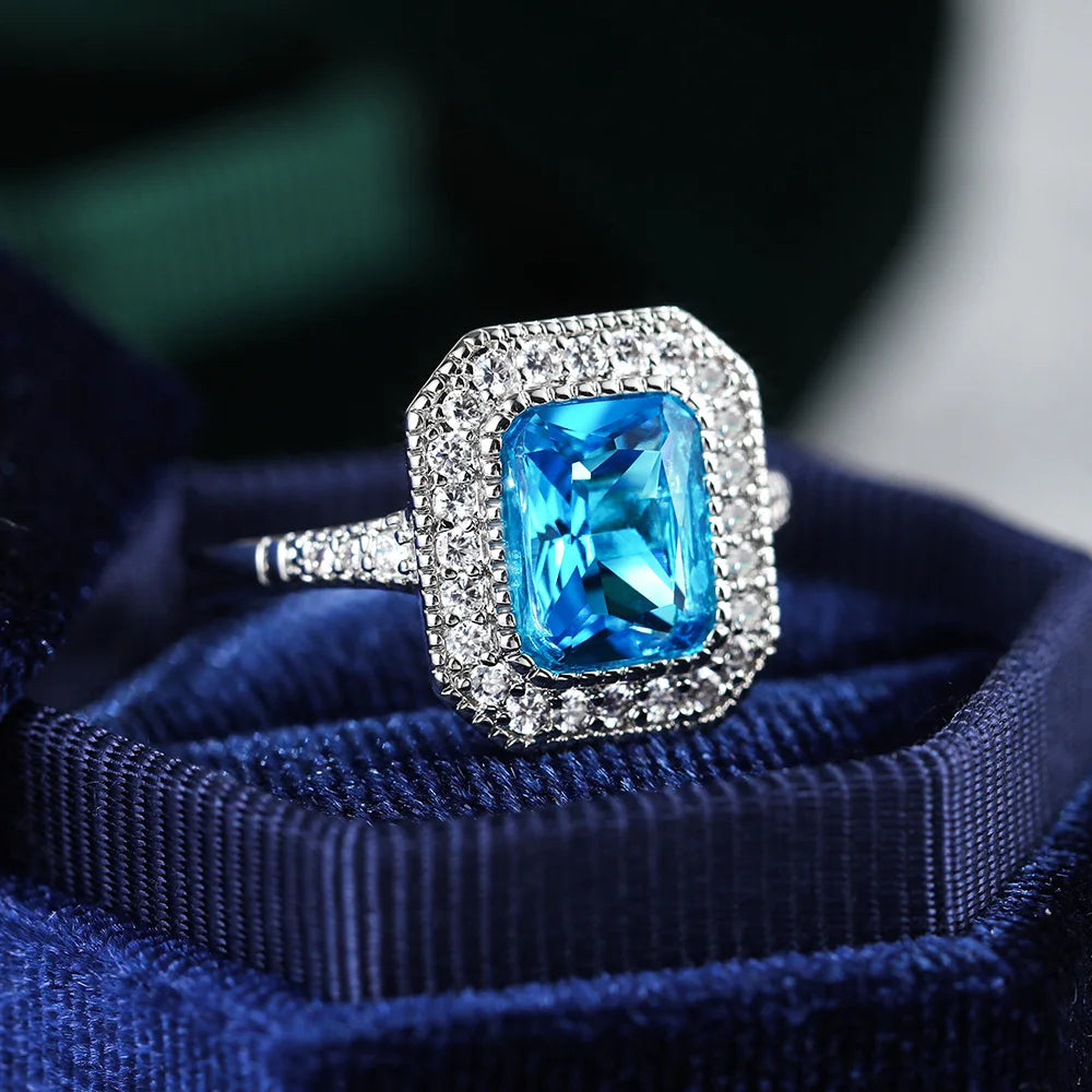 Fashion 925 sterling silver Aquamarine Stone Rings For Women Square cut Blue Zircon Wedding Engagement Ring Jewelry gift