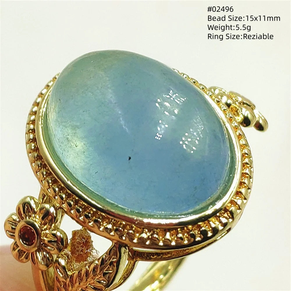 Natural Blue Aquamarine Beads Ring Adjustable Brazil Ring Oval 925 Sterling Silver Aquamarine Jewelry Women AAAAA