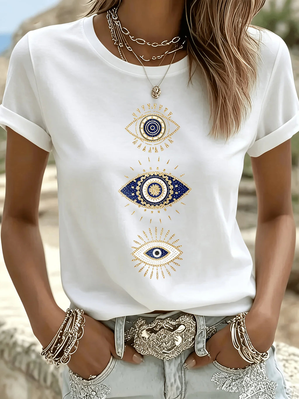 Bohemian Mysterious Eye Pattern Top Türkiye Eye Theme Round Neck Short Sleeve Blue Gold Color Pair Evil Eye Casual Daily T-shirt