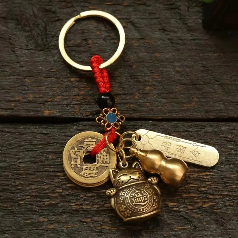 YILUO CD Vintage Lucky Cat Car Keychain Five Emperors Money Calabash Feng Shui Coins Red String Key Ring