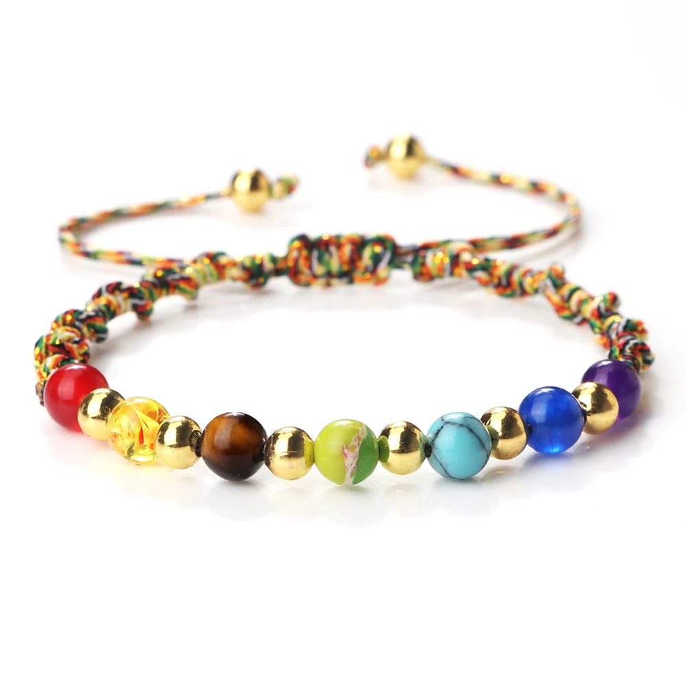 Reiki 7 Chakra Bracelet Natural Stone Rope Braided Yoga Healing Gold Color Copper Beads Bracelets & Bangles Meditation Jewelry