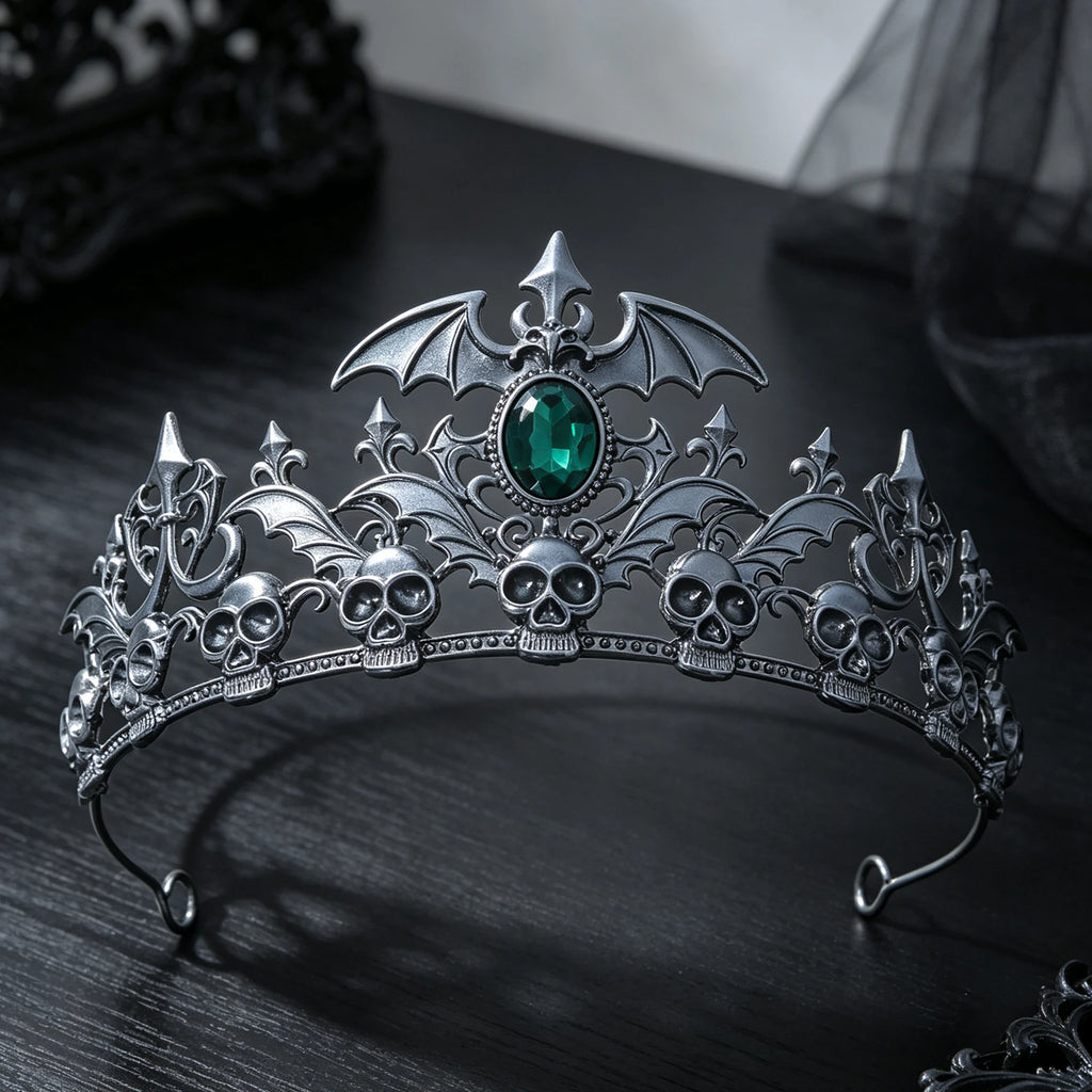 Antique Silver Skull Bat Tiara Rhinestone Gothic Headband Halloween Cosplay Dark Queen Witch Vampire Costume Party Hair Ornament