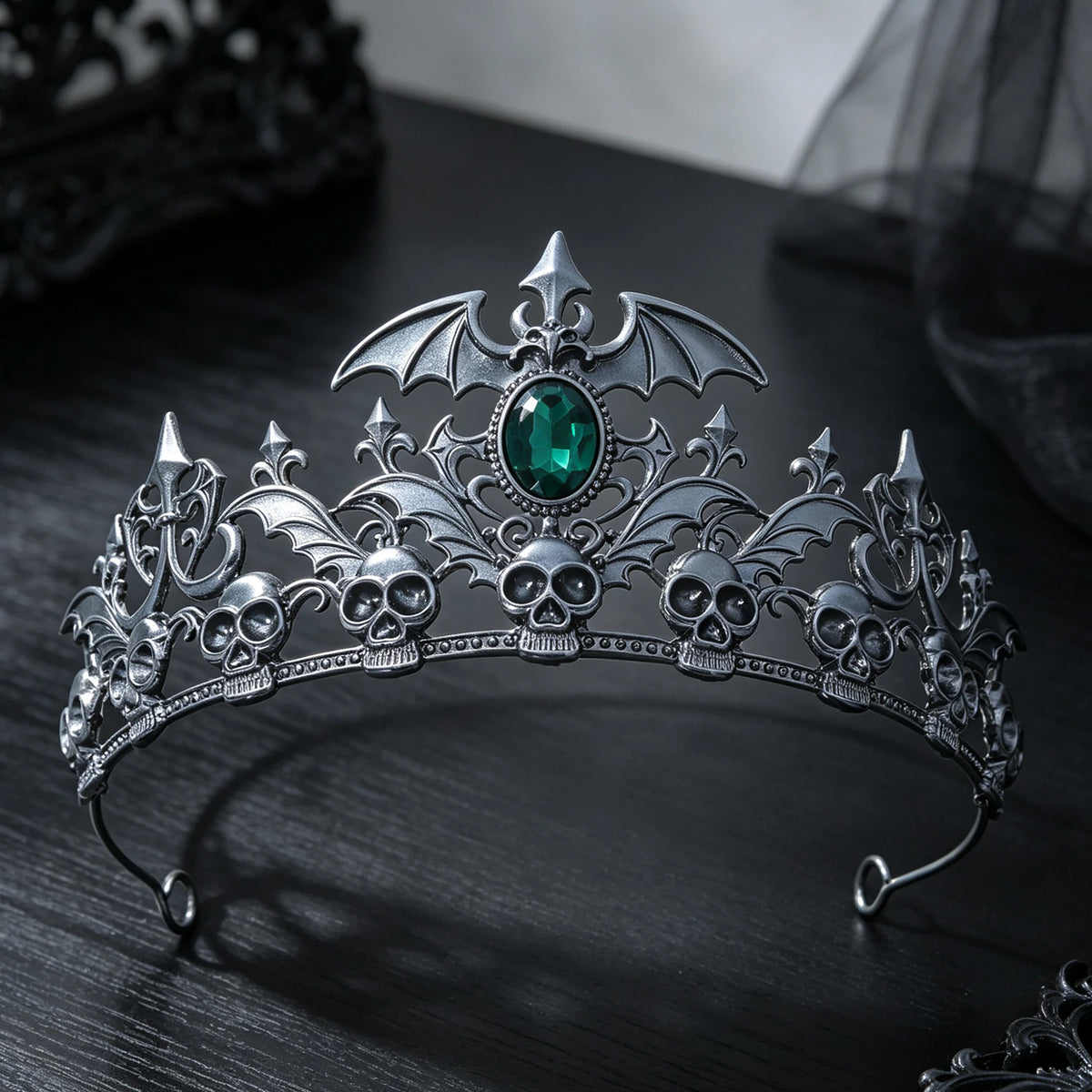 Antique Silver Skull Bat Tiara Rhinestone Gothic Headband Halloween Cosplay Dark Queen Witch Vampire Costume Party Hair Ornament