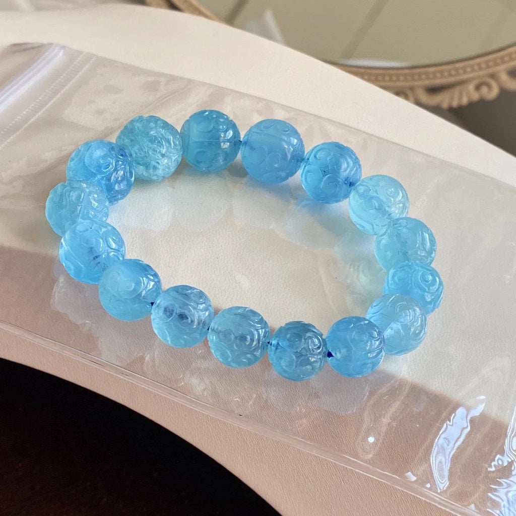 Natural Blue Aquamarine Beads Bracelet 13mm Carved Women Men Stretch Brazil Aquamarine Bracelet Jewelry AAAAAA