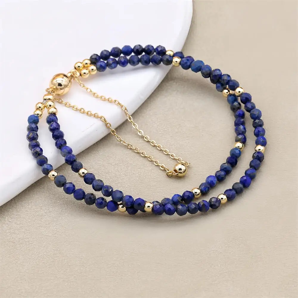 3MM Double Layer Natural Lapis Lazuli Beads Magnetic Buckle Gold Plated Charm Strand Bracelets Handmade Women Jewelry
