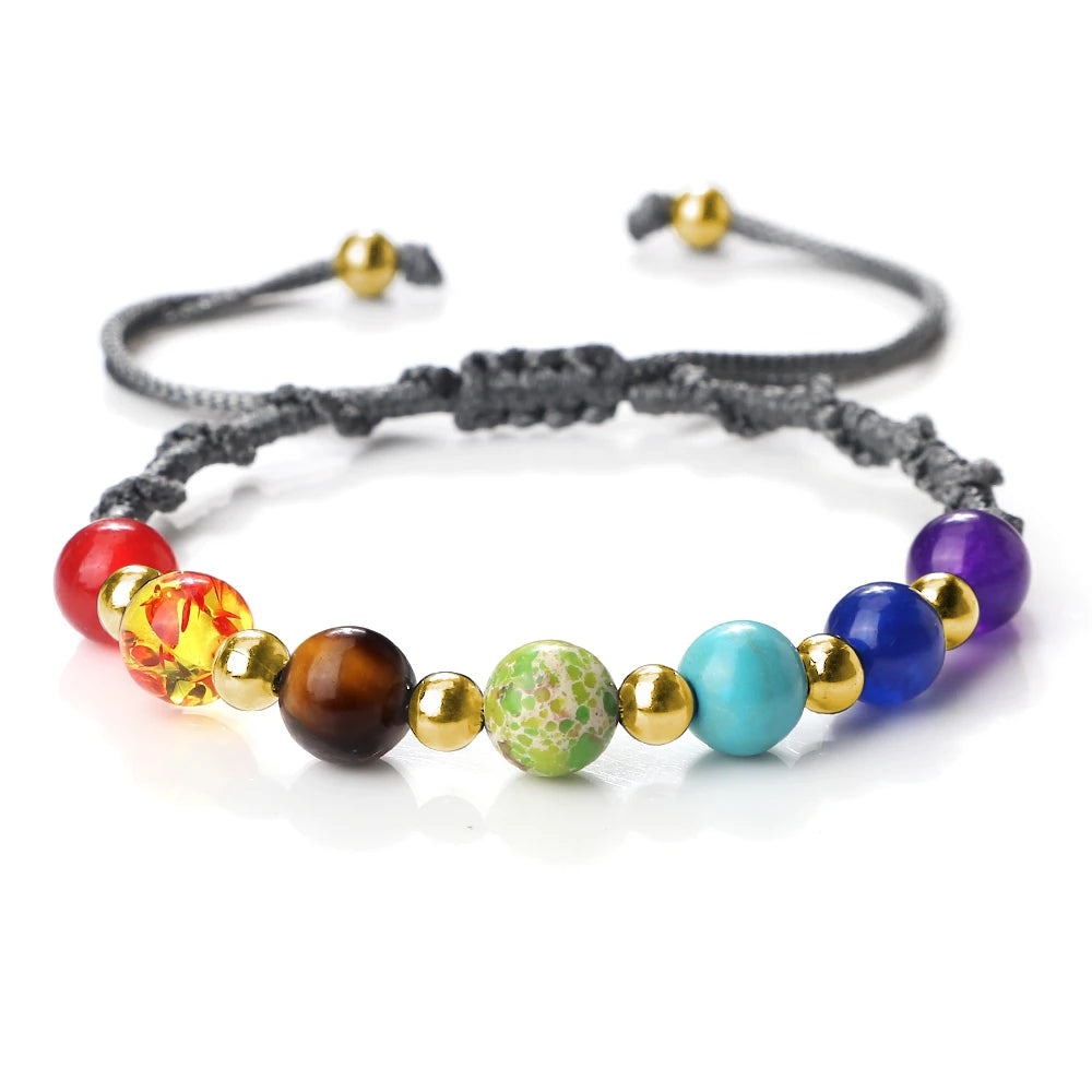 Reiki 7 Chakra Bracelet Natural Stone Rope Braided Yoga Healing Gold Color Copper Beads Bracelets & Bangles Meditation Jewelry