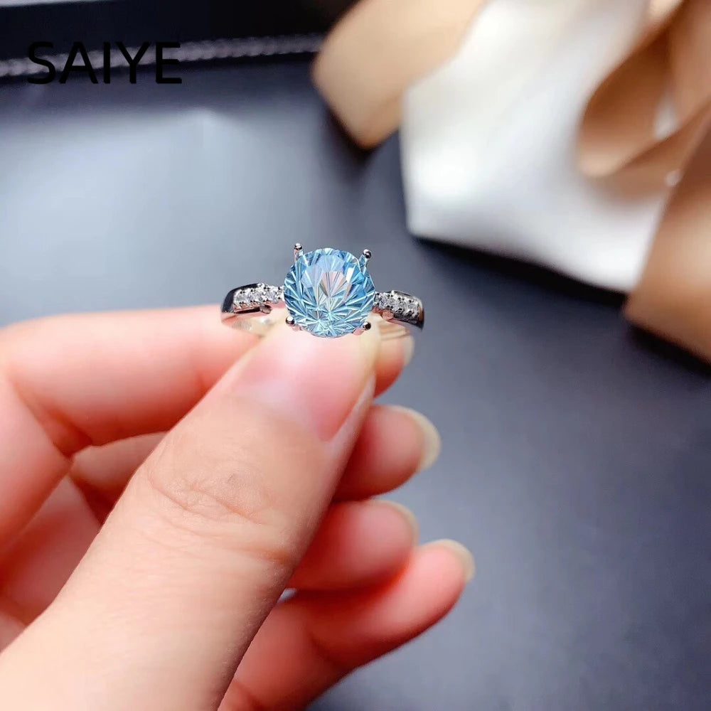 925 Sterling Silver Round Aquamarine Blue CZ Ring for Women Four Prong Solitaire Ring Side Stone Wedding Engagement Jewelry Gift