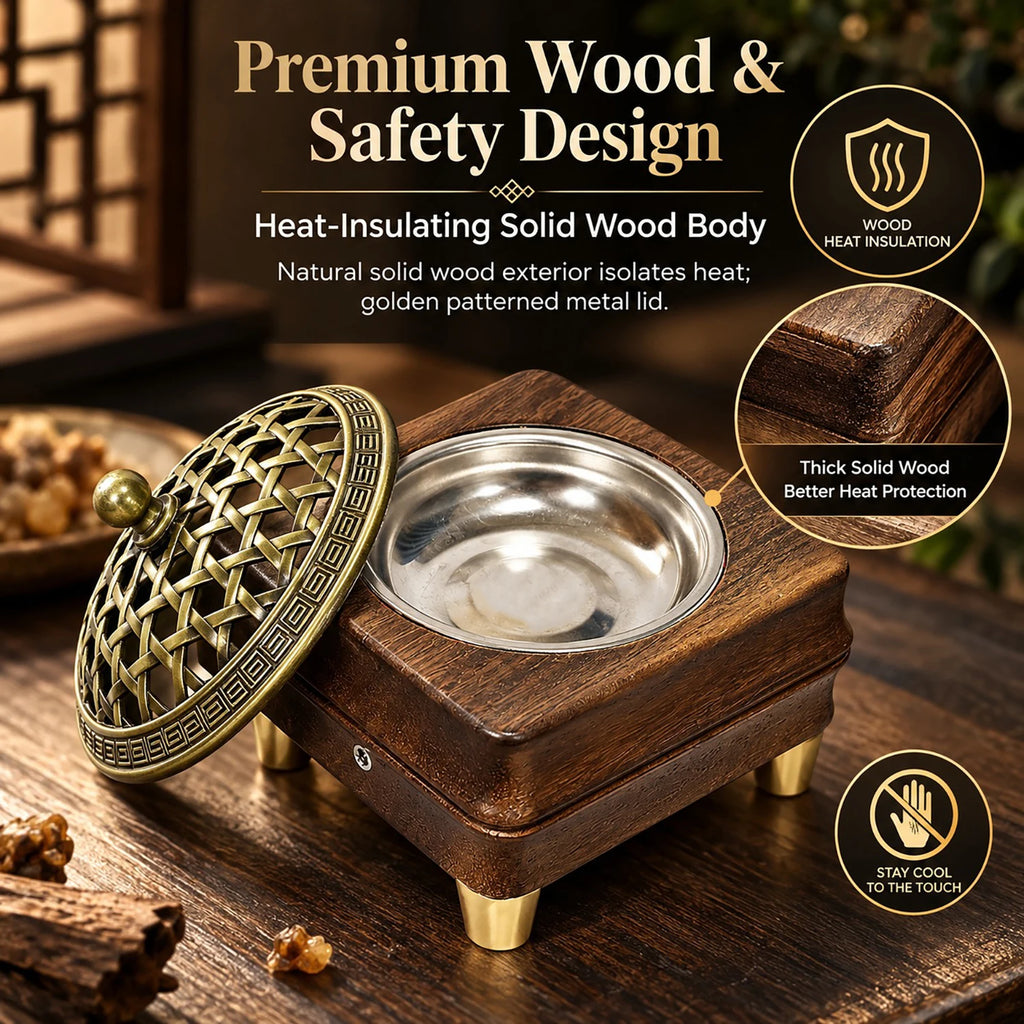 Wooden Electronic Incense Burner USB-powered Essential Oil Burner Adjustable Temp and Timer Bakhoor Burner for Wax Melt Agarwood