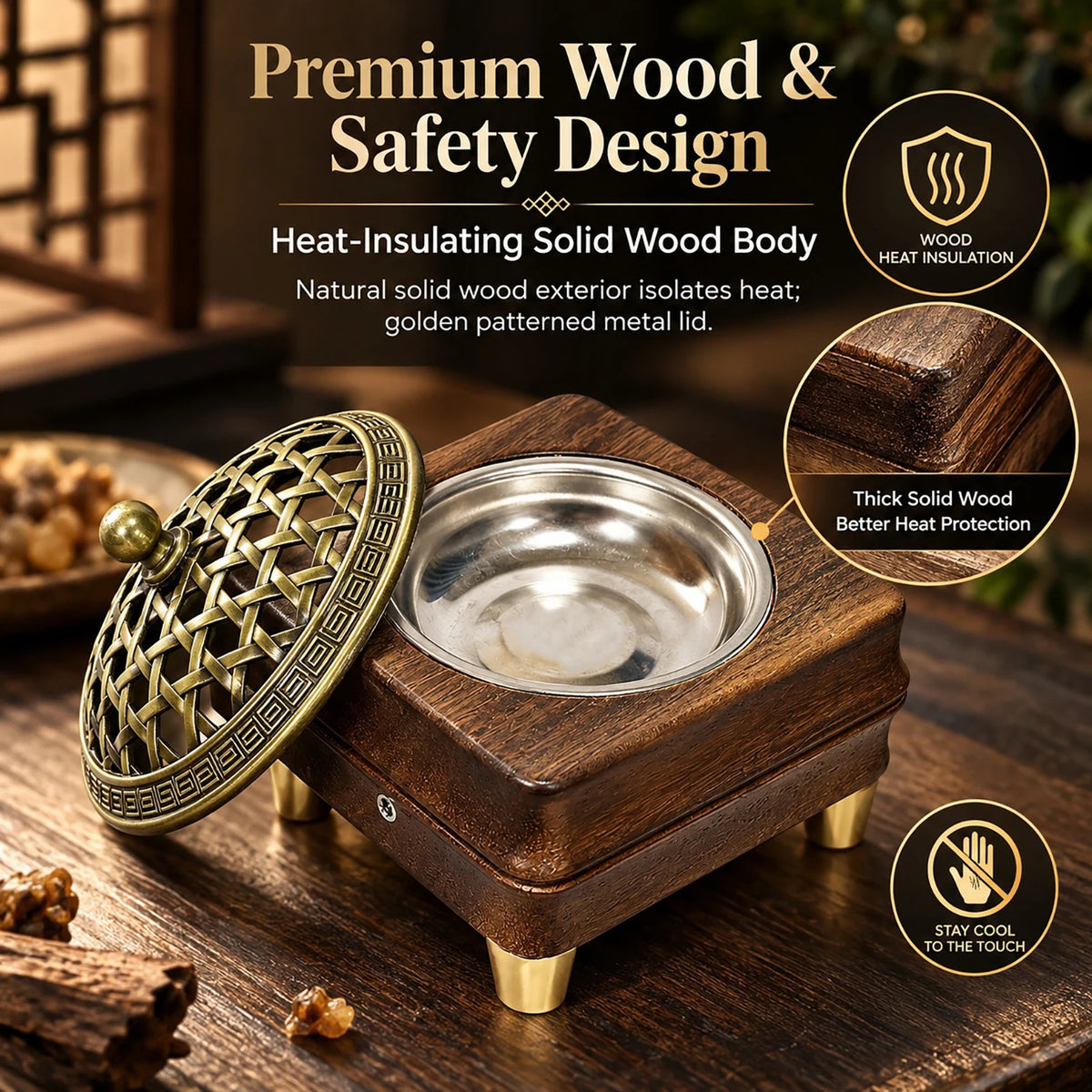 Wooden Electronic Incense Burner USB-powered Essential Oil Burner Adjustable Temp and Timer Bakhoor Burner for Wax Melt Agarwood