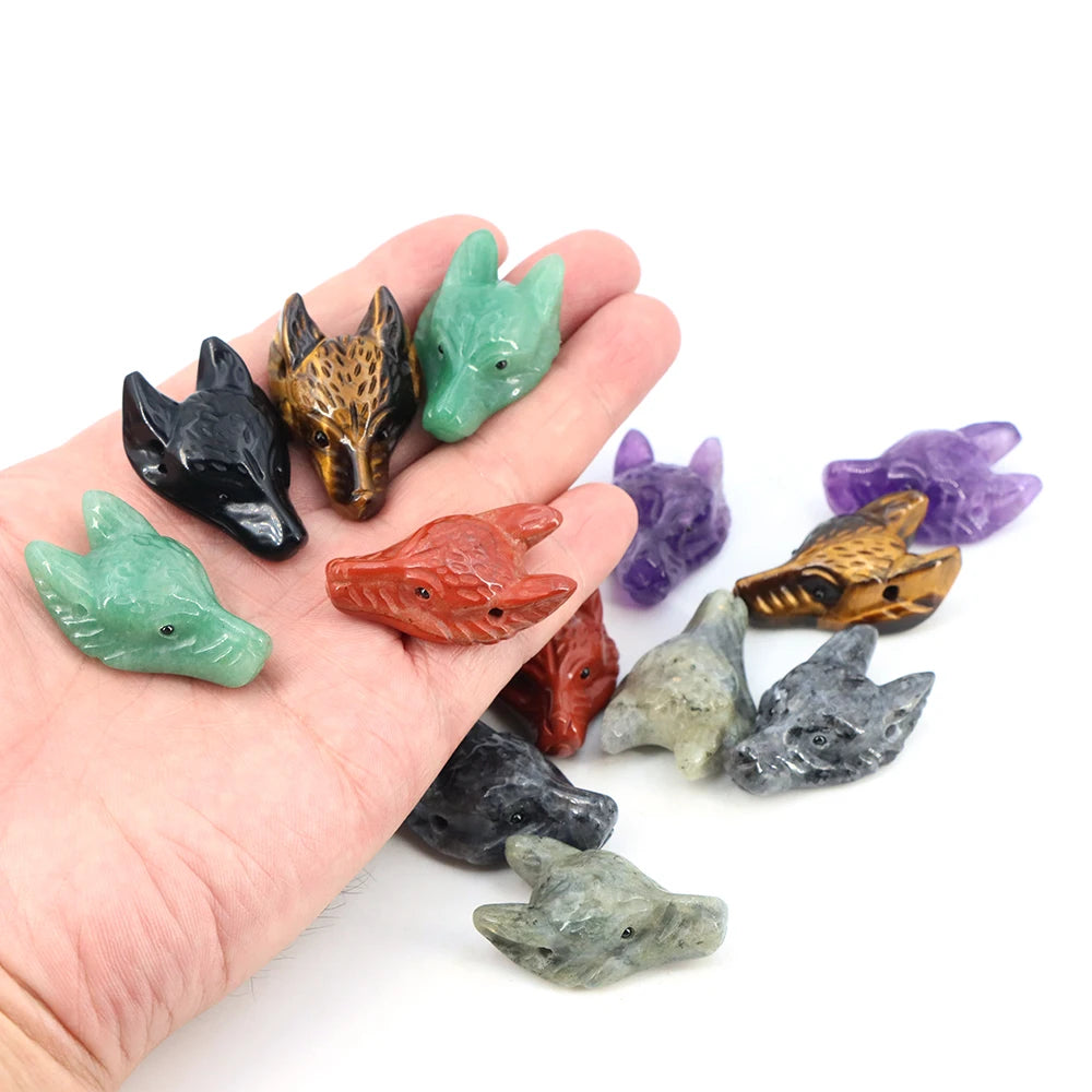 40mm Wolf Head Stone Pendant Natural Healing Crystals Statue Hand Carving Gemstone Wolves Animal Figure Jewelry Making Necklace