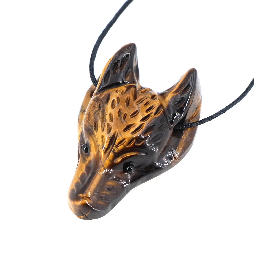 40mm Wolf Head Stone Pendant Natural Healing Crystals Statue Hand Carving Gemstone Wolves Animal Figure Jewelry Making Necklace