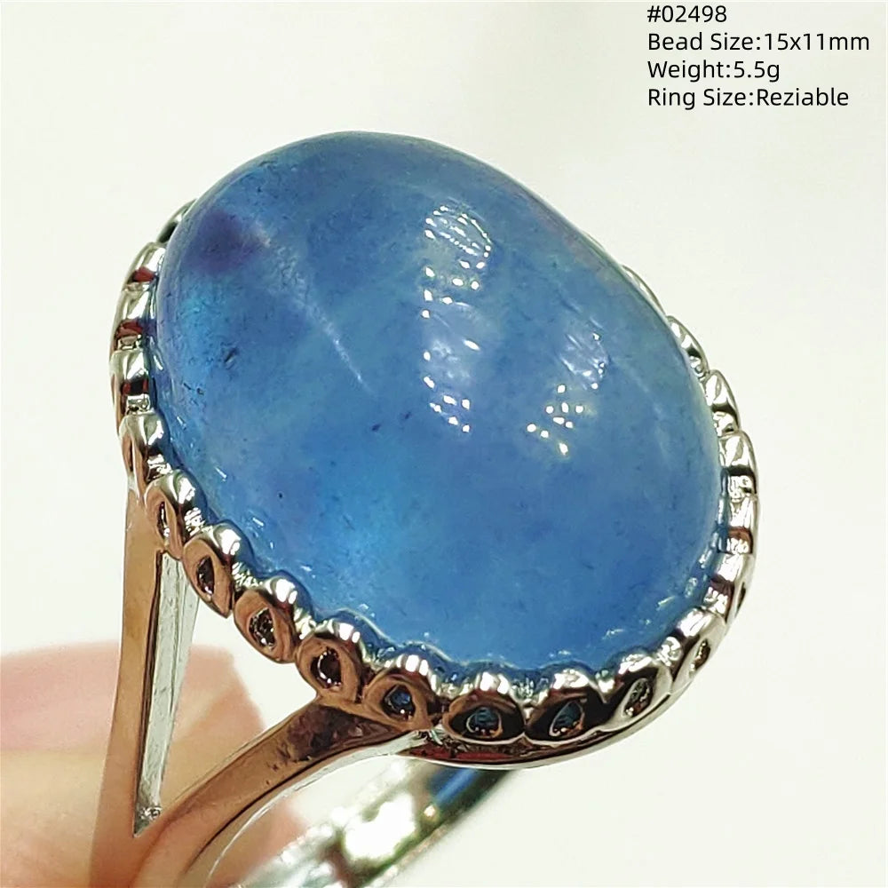 Natural Blue Aquamarine Beads Ring Adjustable Brazil Ring Oval 925 Sterling Silver Aquamarine Jewelry Women AAAAA