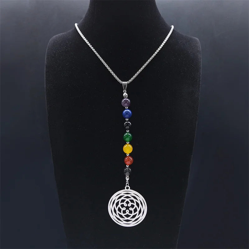 7 Chakra Yoga Flower of Life Necklace Lotus Buddhas Moon Carved Gem Stone Beads Necklaces Reiki Healing Balancing Maxi Jewelry