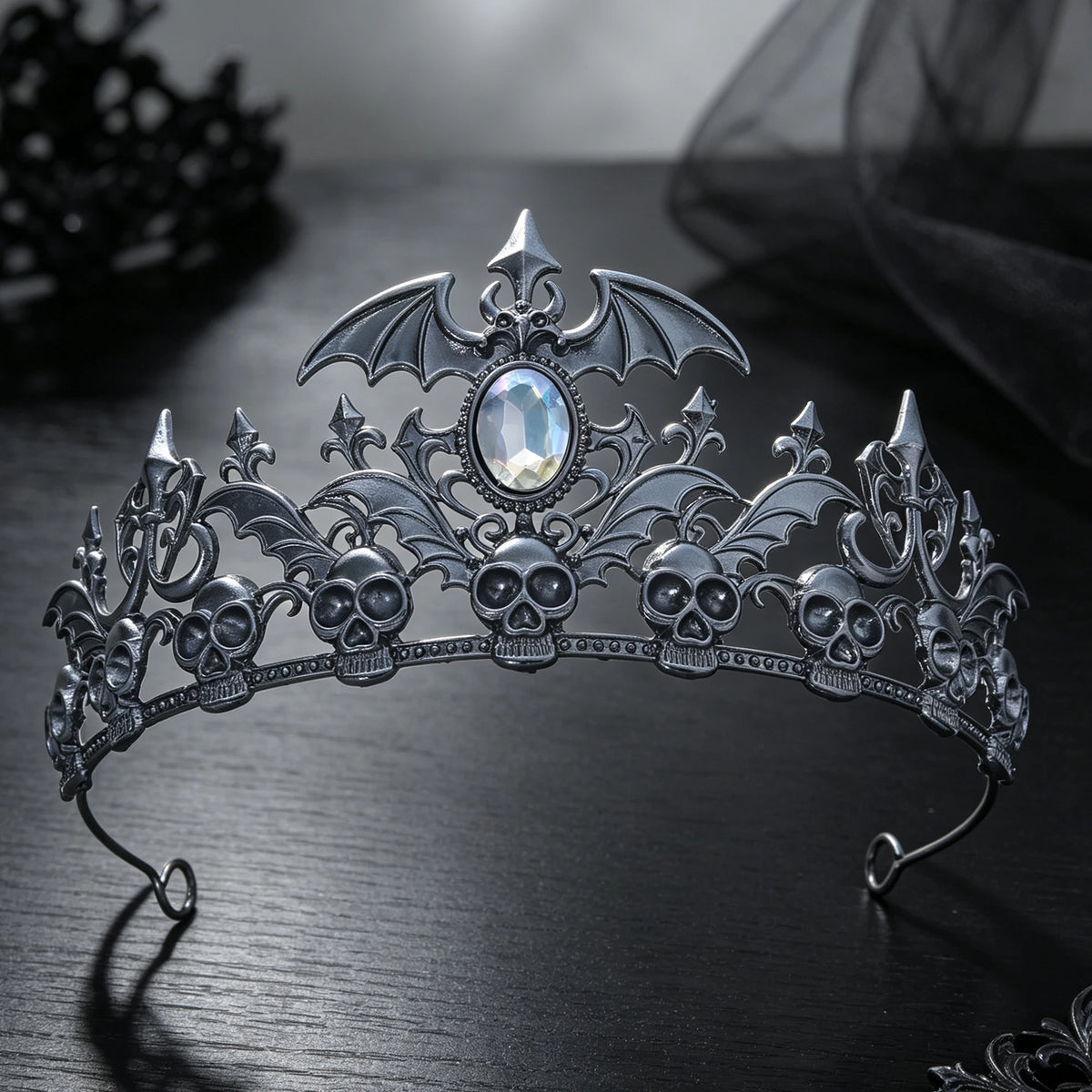 Antique Silver Skull Bat Tiara Rhinestone Gothic Headband Halloween Cosplay Dark Queen Witch Vampire Costume Party Hair Ornament