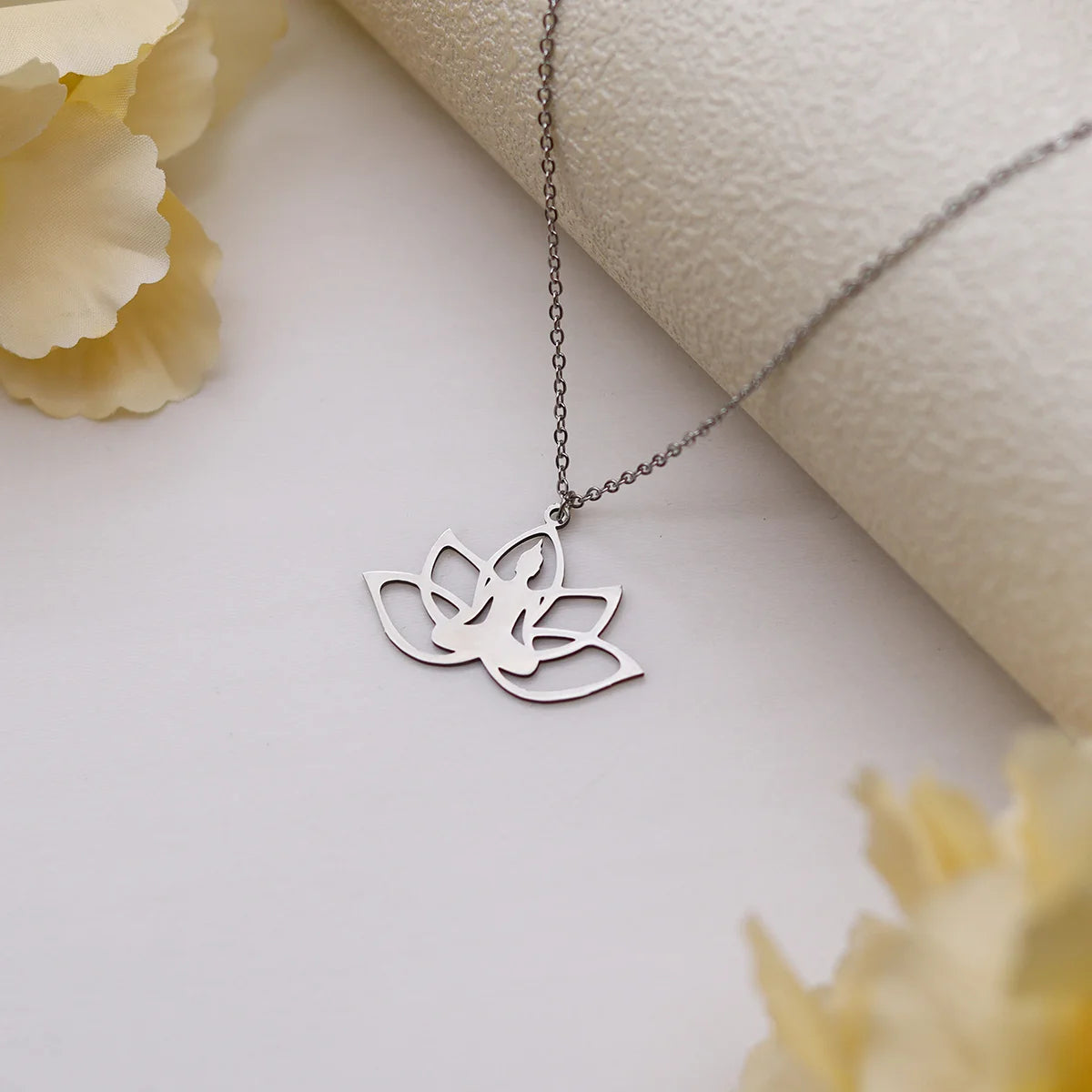 Kinitial Hindu Buddhism Meditation Necklace Stainless Steel Yoga Lotus Flower Necklaces Amulet Jewelry Gift