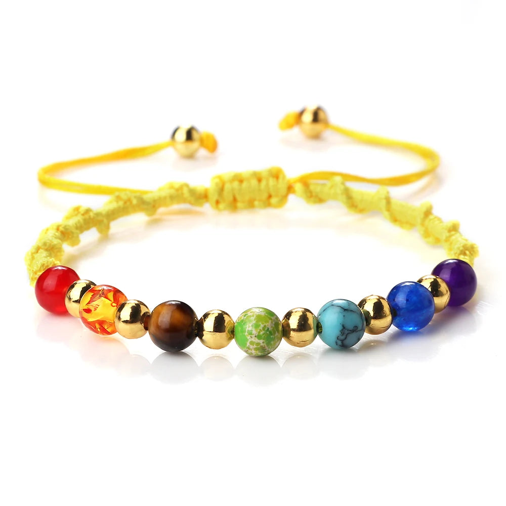 Reiki 7 Chakra Bracelet Natural Stone Rope Braided Yoga Healing Gold Color Copper Beads Bracelets & Bangles Meditation Jewelry