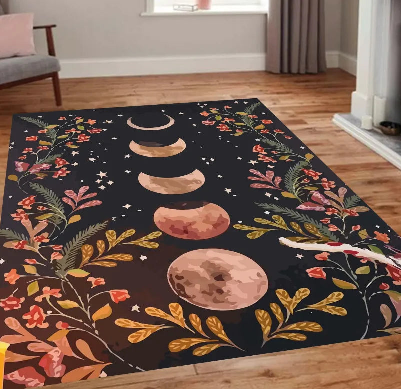 Black Celestial Botanical Rug Gold Floral Night Sky Area Carpet Gothic Starry Living Room Rug Witchy Moon Garden Floor Decor Art