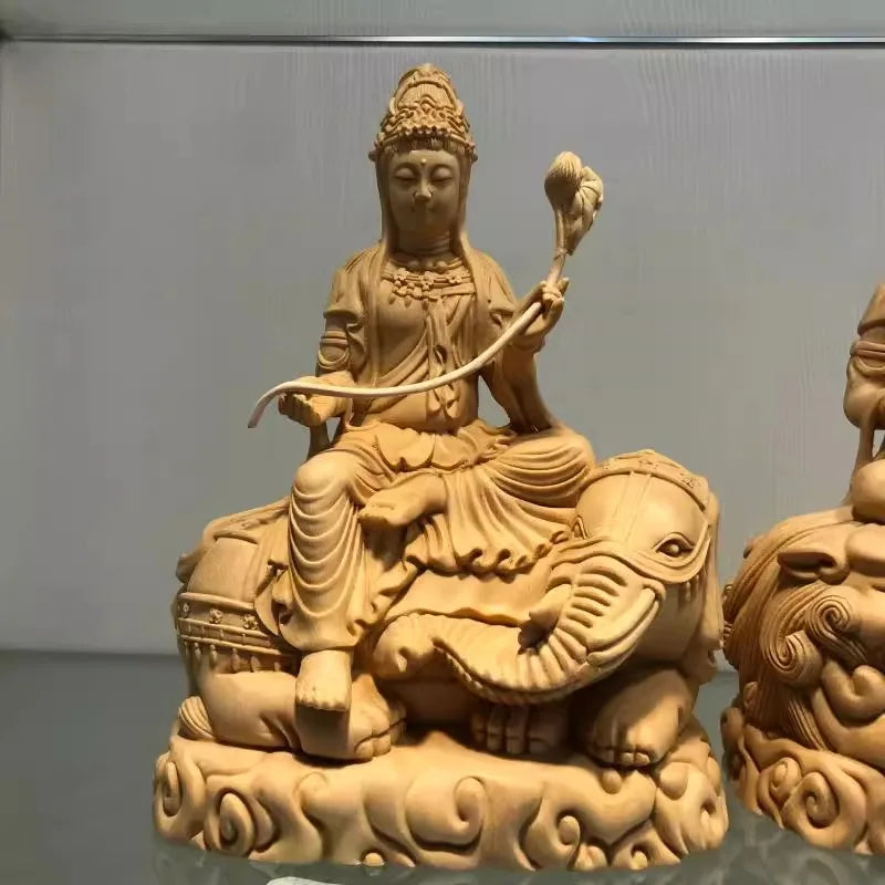 Hand Carved Hinoki Wood Manjushri on Lion Samantabhadra on Elephant Bodhisattva Statues Pair (Set of 2) - Spiritual Ornament