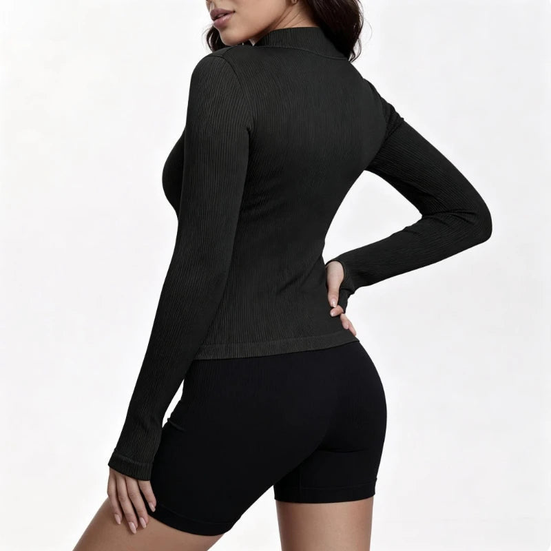 Women Ribbed Long Sleeve Zip Up Yoga Top High Elastic Workout Shirt Outdoor Running Gym Fitness Fashion Slim Sports Active Wear