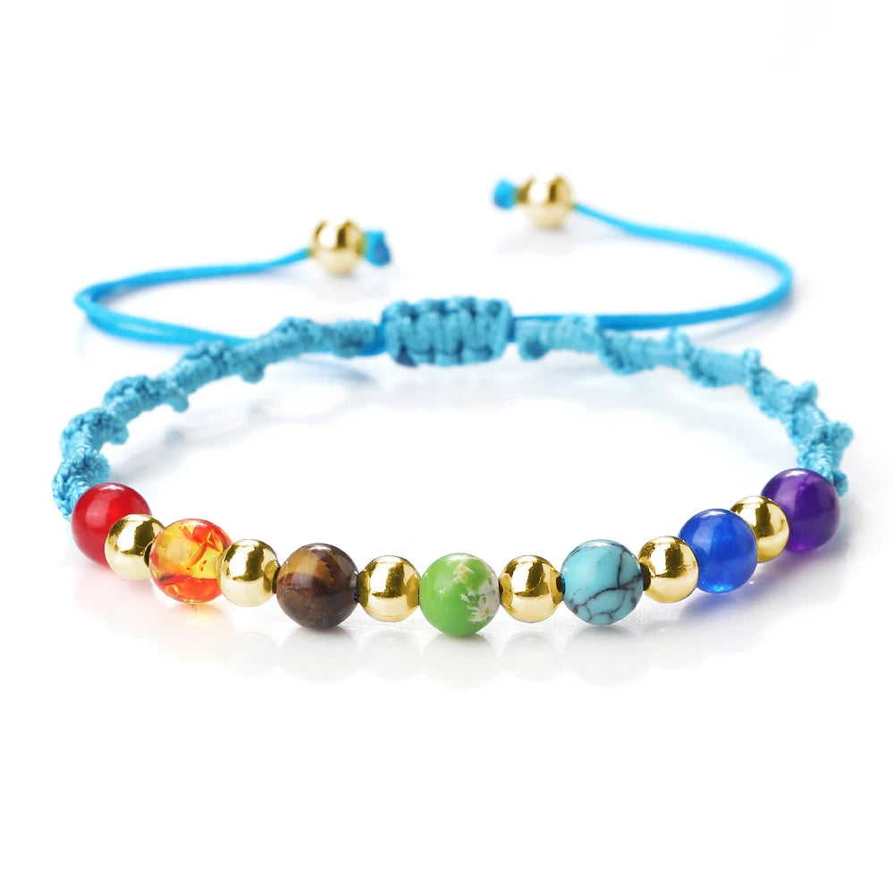 Reiki 7 Chakra Bracelet Natural Stone Rope Braided Yoga Healing Gold Color Copper Beads Bracelets & Bangles Meditation Jewelry