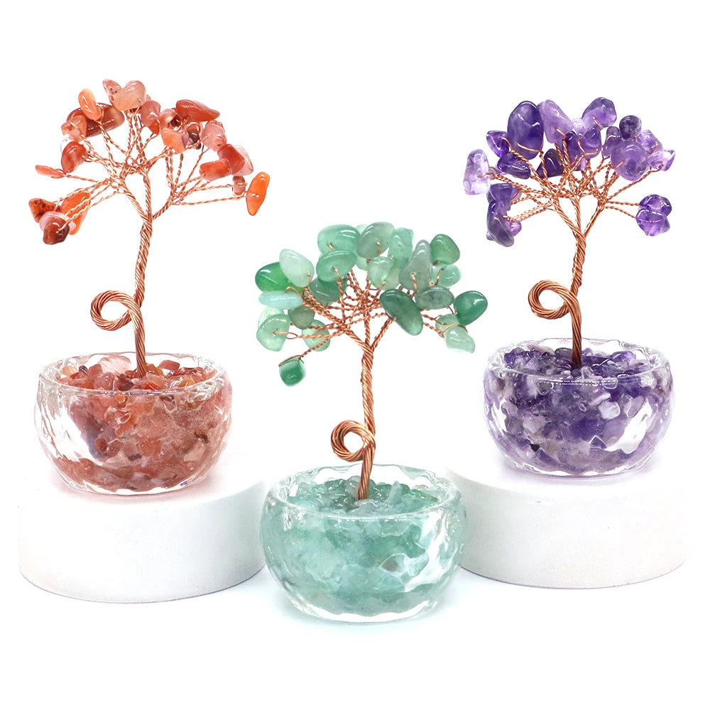 Natural Gemstone Crystal Lucky Tree With Gravel Stone Base Chakras Health Home Office Desk Living Room Crystal Decor Mini Sized