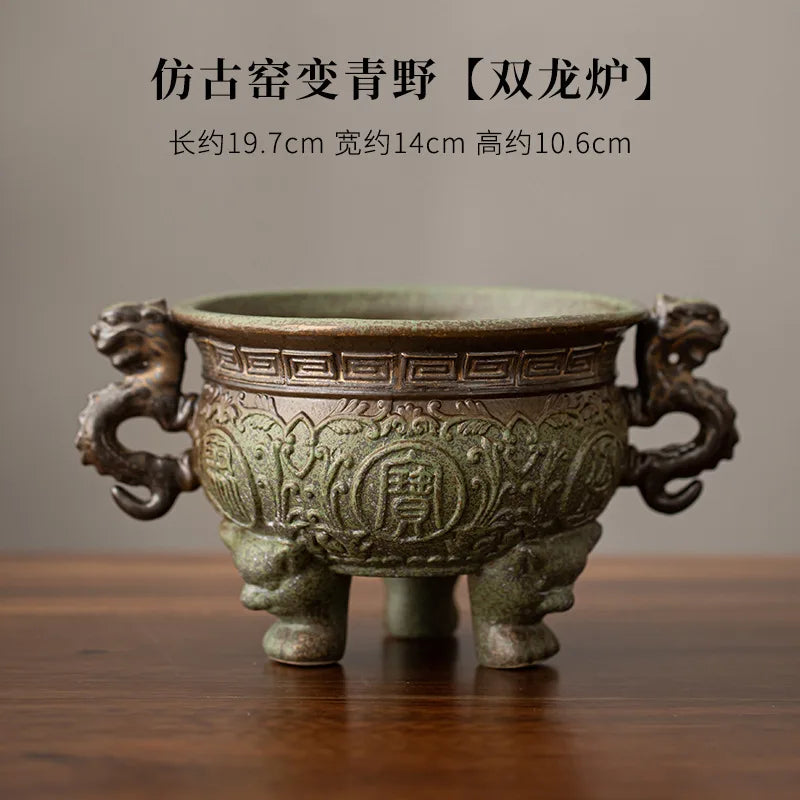 Antique Kiln Change Green Field Incense Stove Treasure Bowl Line Aromatherapy Furnace Consecrate Buddha Triangle Holder Ornament