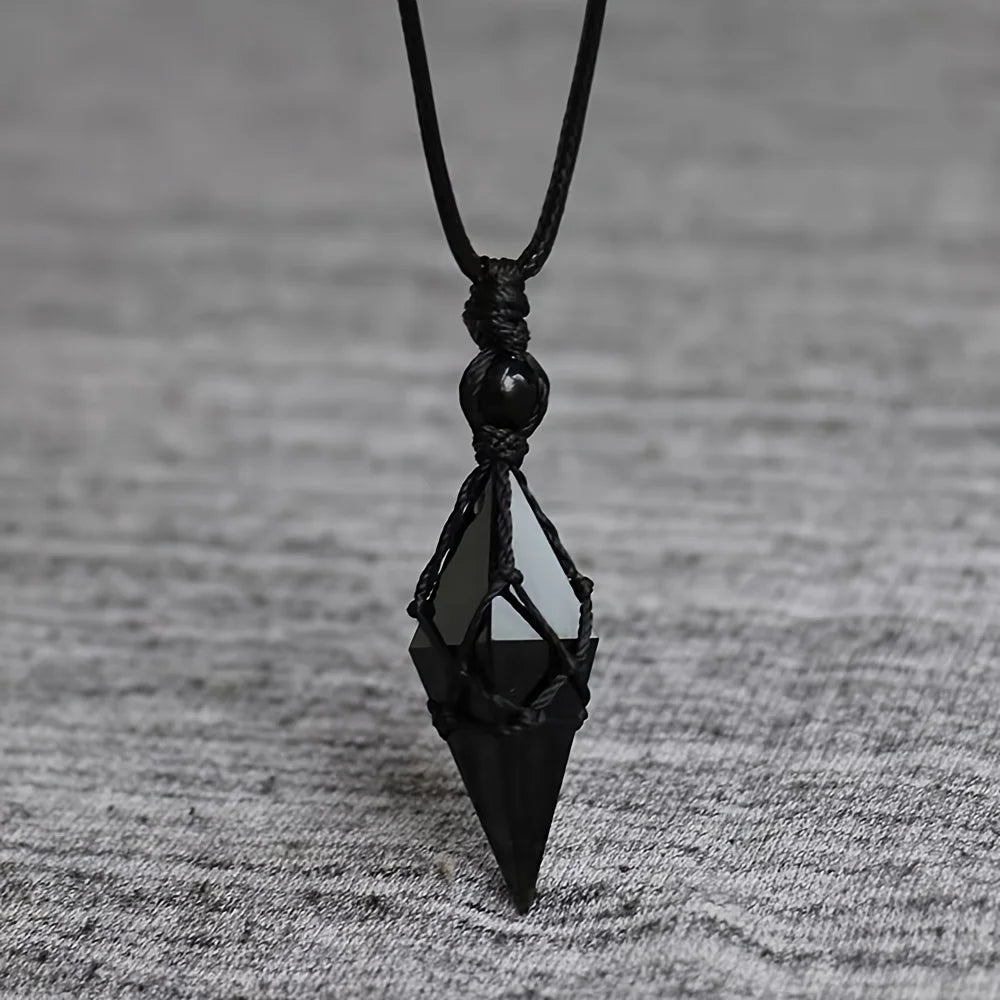 Black Obsidian Arrowhead Crystal Pendant Necklace Men Women Natural Stone Healing Crystal Wrap Cord Necklace Daily Wear Jewelry