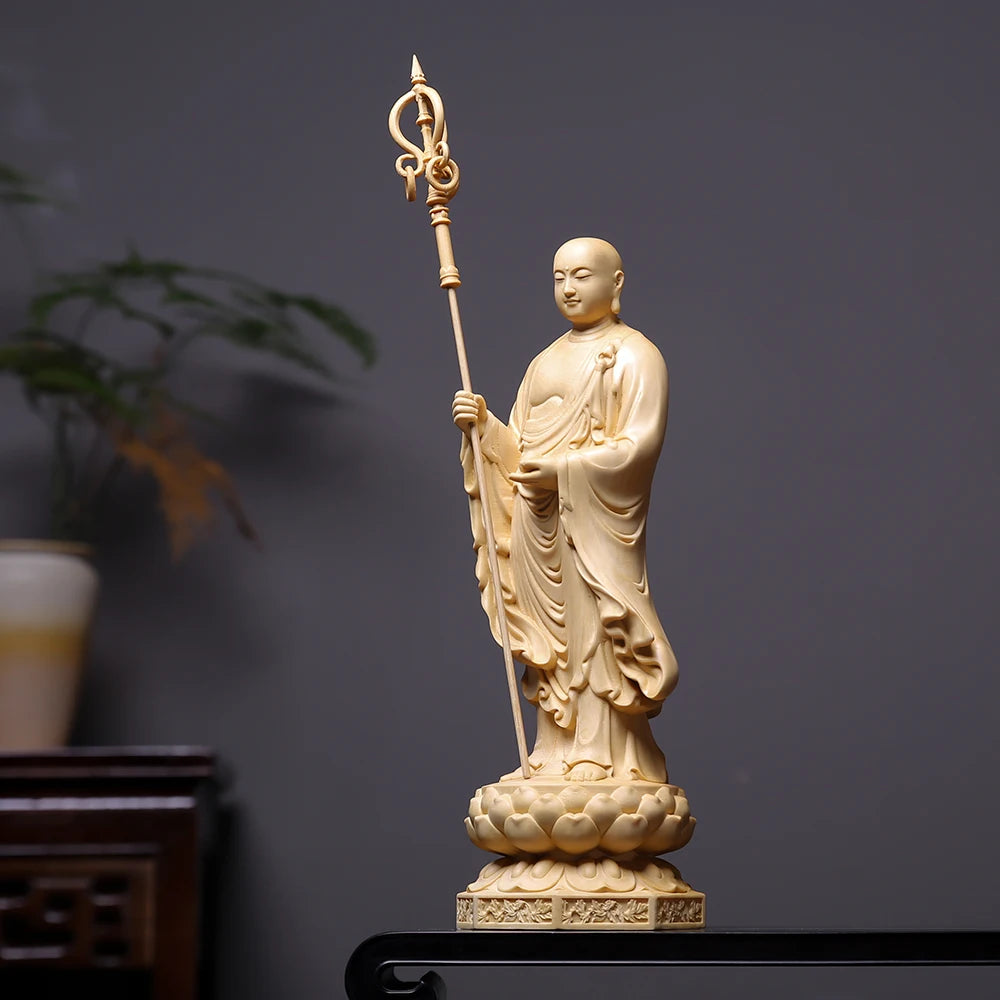 Finely Wooden Hand Carved Kṣitigarbha Dizang Bodhisattva Statue Figurine with Staff - Spiritual Protection Sacred Home Temple