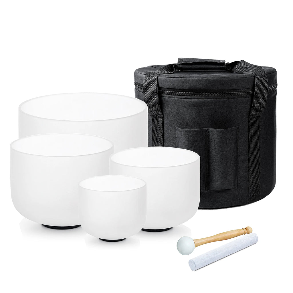 Hye-eun 6"A 8"G 10"E 12"D 4pcs Frosted Quartz Crystal Singing Bowl Chakra Set 440hz/432hz with Free  Purple bag