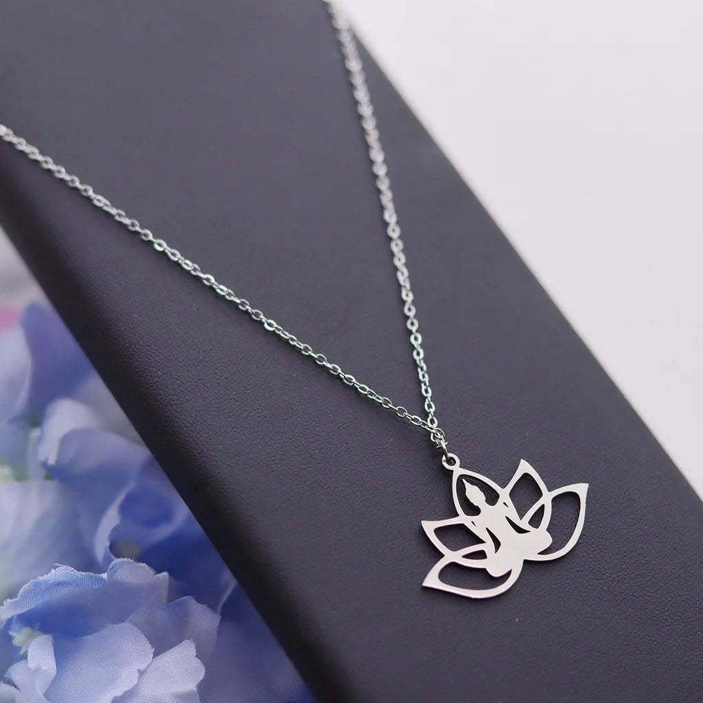 Kinitial Hindu Buddhism Meditation Necklace Stainless Steel Yoga Lotus Flower Necklaces Amulet Jewelry Gift