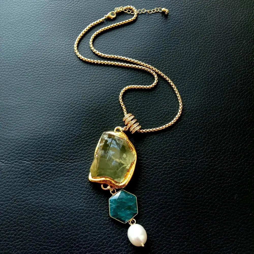 Y·YING Natural Yellow Lemon Quartz Blue Apatite Cultured White Rice Pearl Gold Plated Chain Necklace Jewelry