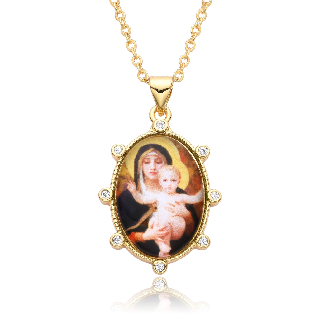 Gold Plated Enamel Virgin Mary Pendant Sacred Heart of Jesus Zirconia Edges Medal Necklace Divine Child Charms Catholic Jewelry