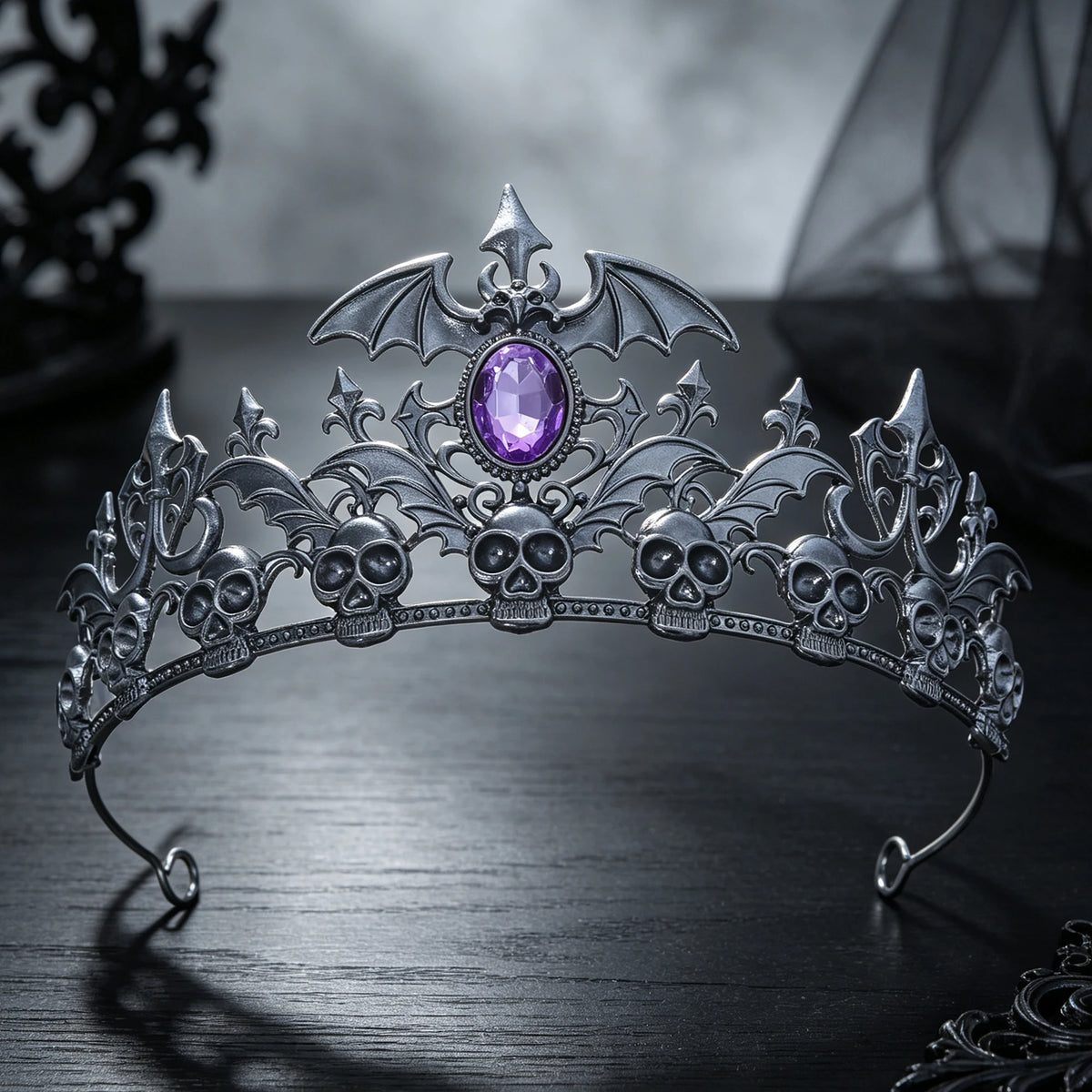Antique Silver Skull Bat Tiara Rhinestone Gothic Headband Halloween Cosplay Dark Queen Witch Vampire Costume Party Hair Ornament