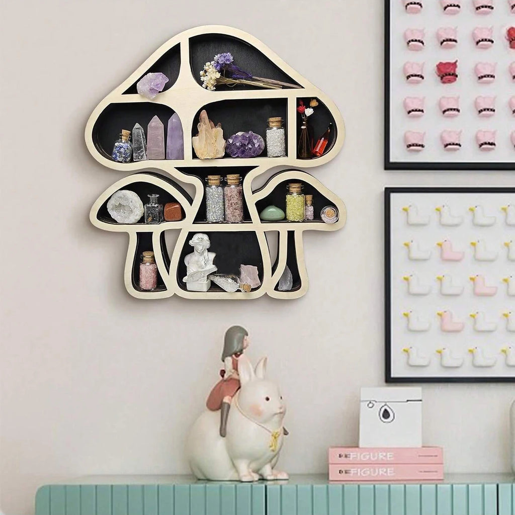 1Pc Wooden Mushroom Shaped Display Shelf - Multi-Compartment Crystal and Gemstone Holder，Home Decor for Spiritual Healing Stones
