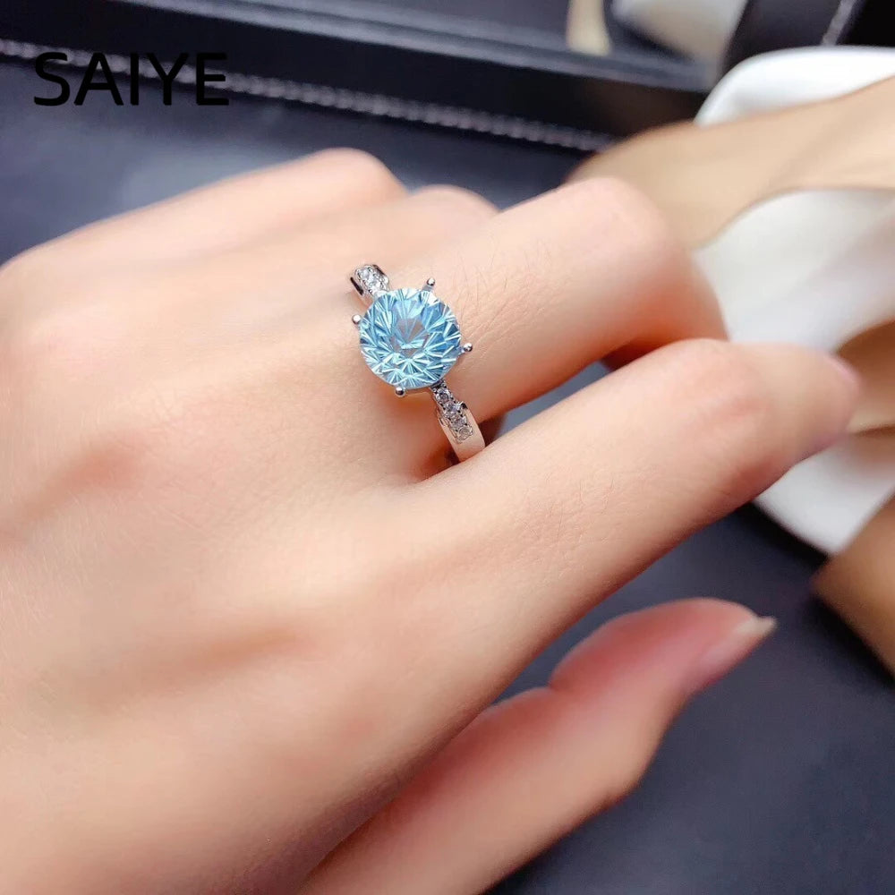 925 Sterling Silver Round Aquamarine Blue CZ Ring for Women Four Prong Solitaire Ring Side Stone Wedding Engagement Jewelry Gift
